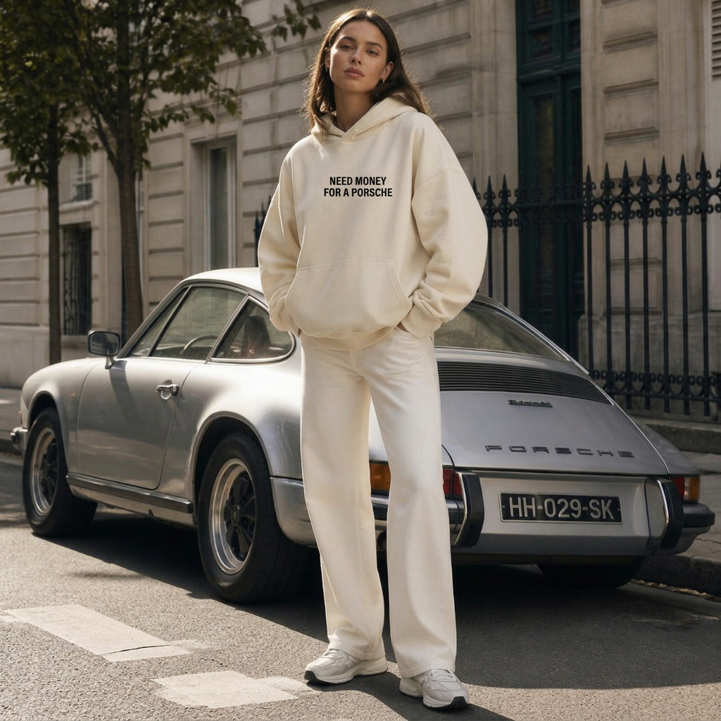 Woman wearing the bone Need Money For A Porsche hoodie beside a silver Porsche 911